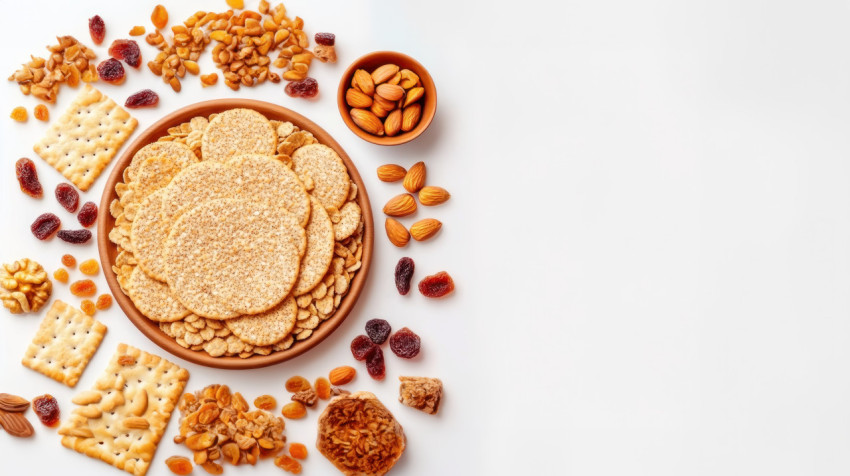 Whole grain wheat and saltine crackers on a plate with nuts and dried fruits around it Whole grain wheat and saltine crackers on a plate with nuts and dried fruits around it