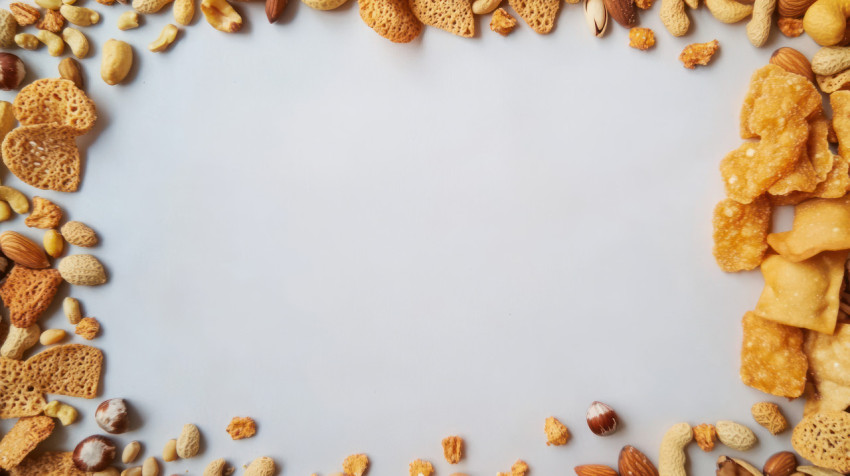 Various types of snacks nuts and seeds arranged in a frame pattern Various types of snacks nuts and seeds arranged in a frame pattern
