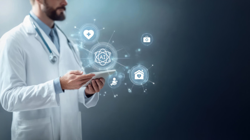 Business doctor using virtual interface for healthcare examining medical technology with holographic icons Business doctor using virtual interface for healthcare examining medical technology with holographic icons