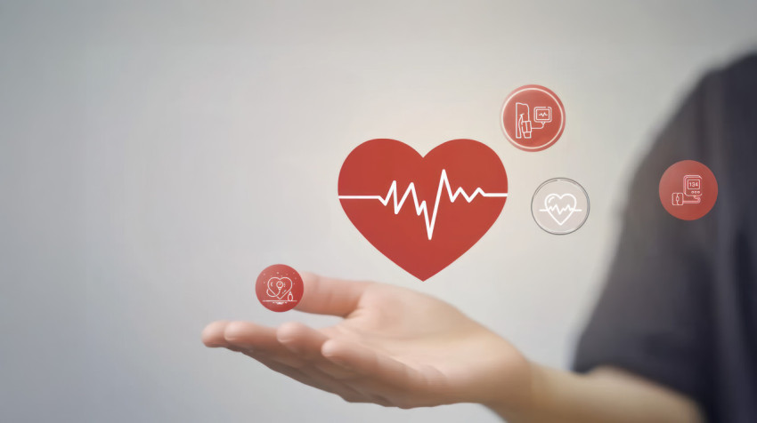 Person hand with icon of heart and pulse lines symbolizing healthcare health services