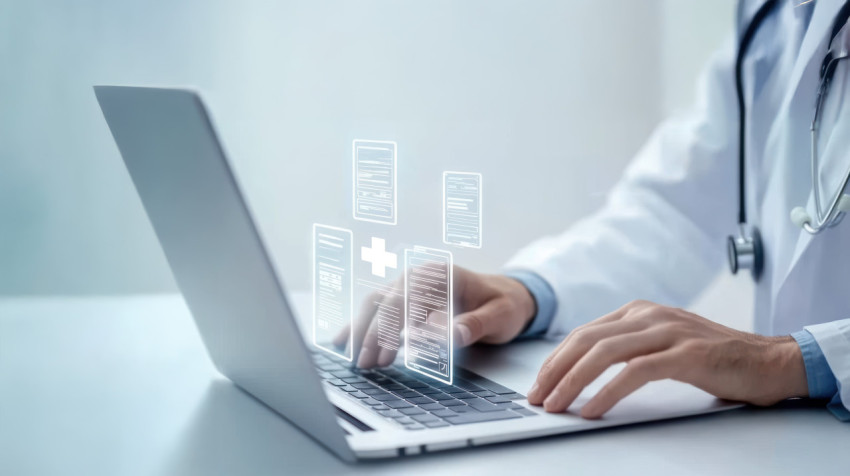 Doctor working on a laptop with digital medical forms and icons of various document types floating in the foreground Doctor working on a laptop with digital medical forms and icons of various document types floating in the foreground