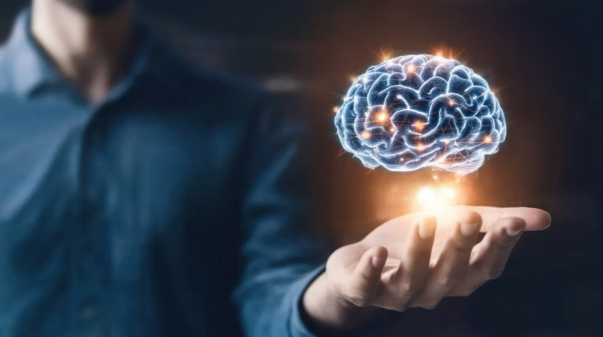 A hand holding a glowing brain hologram against a digital tech background