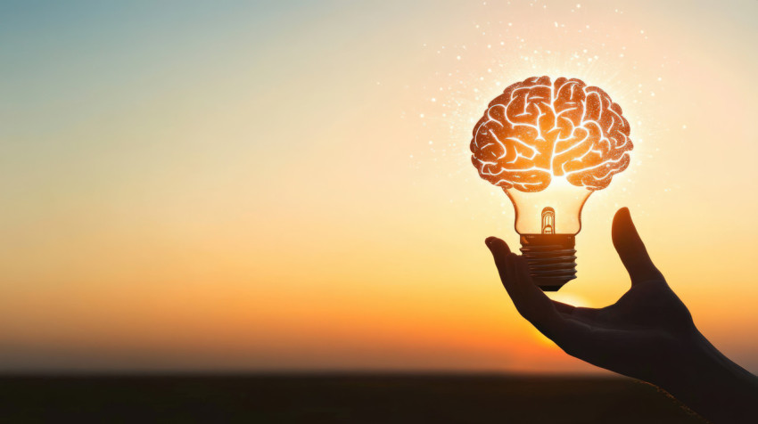 A hand holds an illuminated light bulb with a glowing brain inside against a gradient background