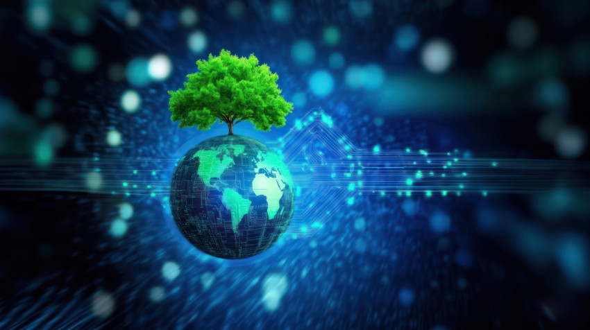 A globe topped with a green tree surrounded by digital circuit patterns