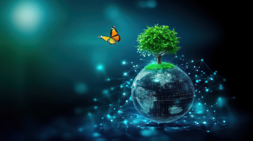 A digital globe with a green tree growing and a butterfly flying around it