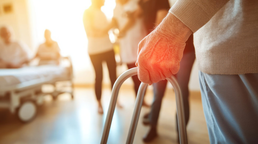 Close up of hands holding crutches as an elderly man uses a walker in his living room Close up of hands holding crutches as an elderly man uses a walker in his living room