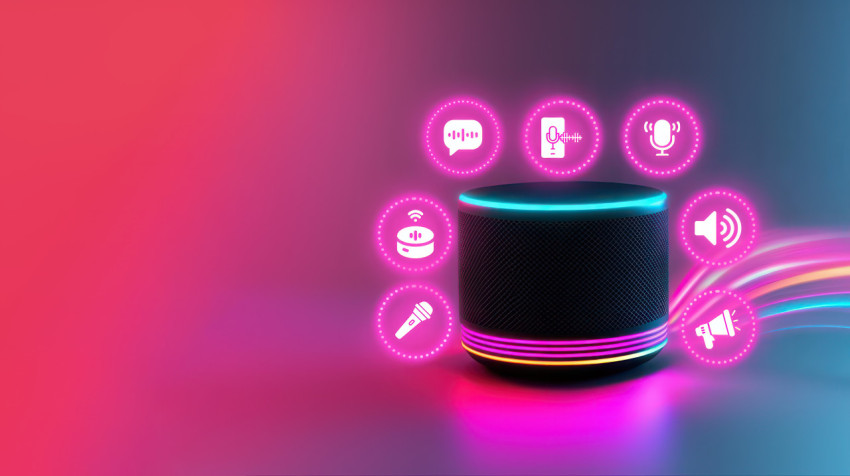 Black voice controlled home assistant with colorful sound waves and icons