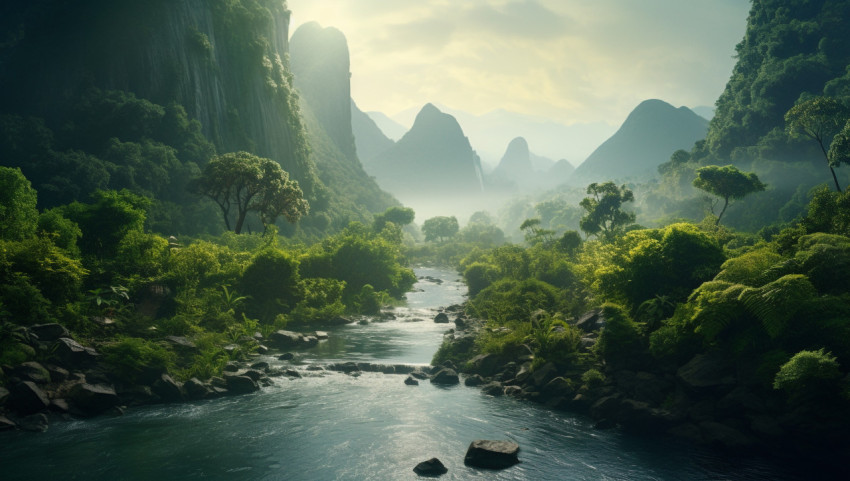 a river runs through some green mountains, nature, landscapes a river runs through some green mountains, nature, landscapes