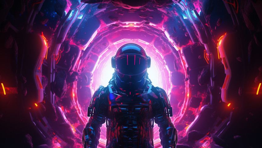 A dark space scene with bright, colorful lights