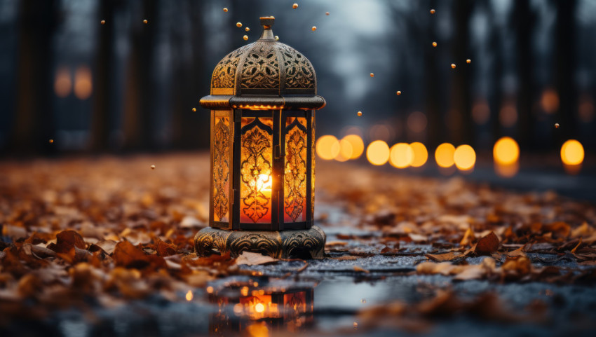 A glowing lantern creating a magical ambiance in the snowy night A glowing lantern creating a magical ambiance in the snowy night