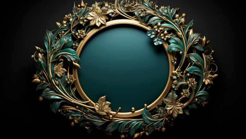 A decorative frame of gold leaves against a rustic green surface A decorative frame of gold leaves against a rustic green surface