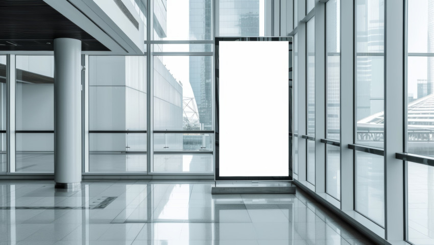Inside an office building a tall billboard in the lobby with large glass windows Inside an office building a tall billboard in the lobby with large glass windows