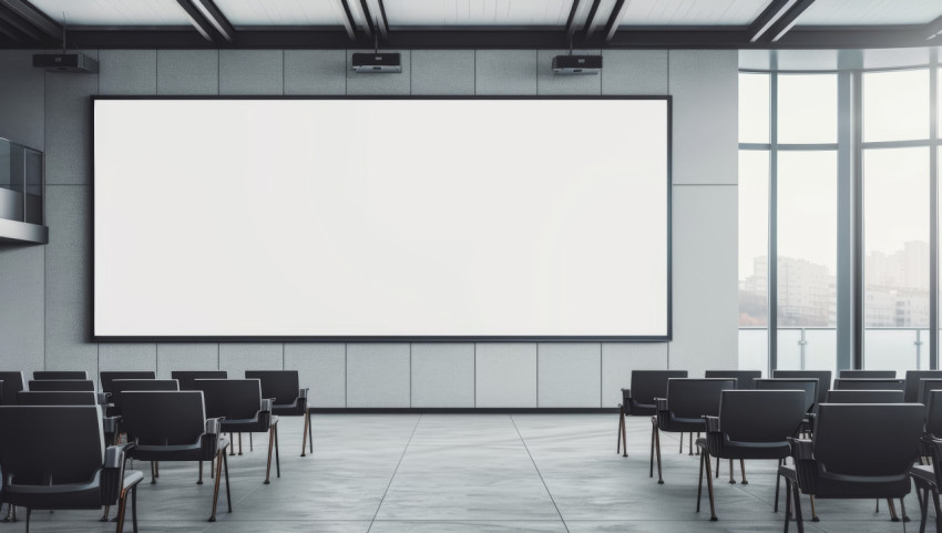 An empty commercial billboard stands in a conference room An empty commercial billboard stands in a conference room
