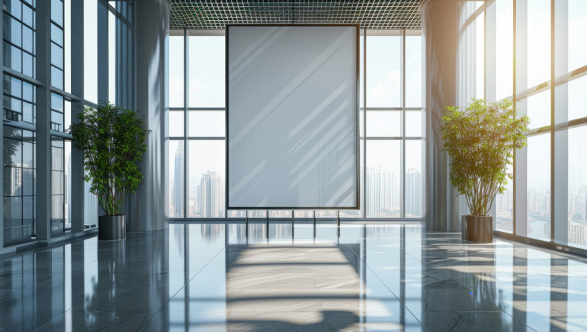 A towering billboard with vivid content is showcased through expansive glass windows A towering billboard with vivid content is showcased through expansive glass windows