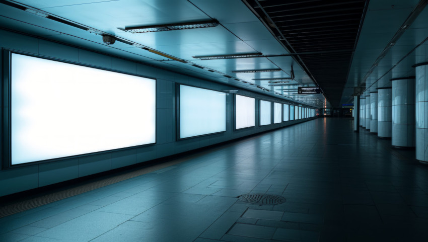 A tall lobby billboard with large glass windows displays captivating ads A tall lobby billboard with large glass windows displays captivating ads