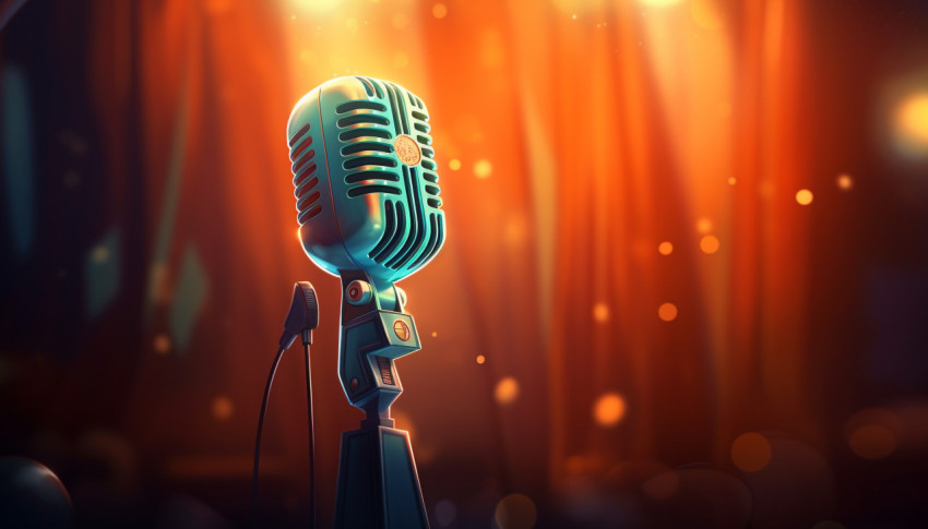 a microphone with blurred lights sits in front of an oldstyled s a microphone with blurred lights sits in front of an oldstyled s