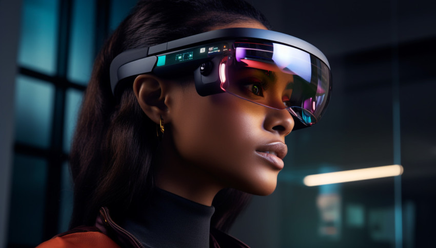 A photo of a woman using digital ar augmented reality glasses headset at the office, finance stock photo Get unlimited access to a library of free ai prompts and ai images to help you generate creative ideas.