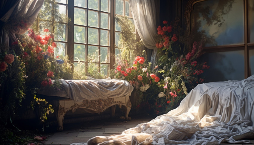 A room with a white curtain, free ai prompts and images floral photo backdrops A room with a white curtain, free ai prompts and images floral photo backdrops