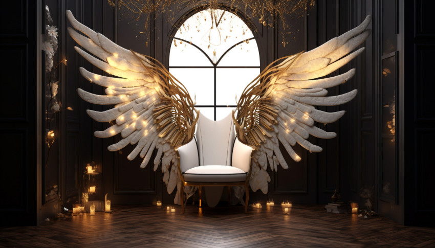 Angel wings in a room with gold decorations, free ai prompts and images floral photo backdrops Angel wings in a room with gold decorations, free ai prompts and images floral photo backdrops