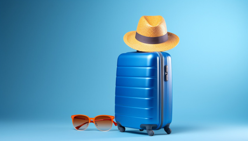 Traveling in style with a blue suitcase Traveling in style with a blue suitcase, adventure travel stock images, adventure travel ai prompts, travel stock images ai