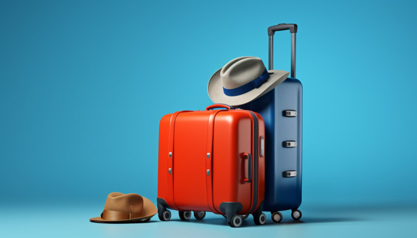Luggage and hat at the airport terminal Luggage and hat at the airport terminal, adventure travel stock images, adventure travel ai prompts, travel stock images ai