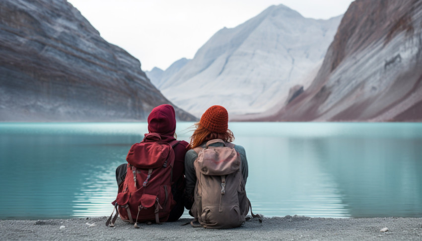 Two hikers enjoying the peace and quiet of a mountain lake Two hikers enjoying the peace and quiet of a mountain lake, adventure travel stock images, adventure travel ai prompts, travel stock images ai