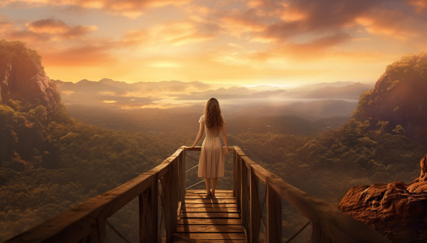 Woman on mountaintop overlooking landscape Woman on mountaintop overlooking landscape