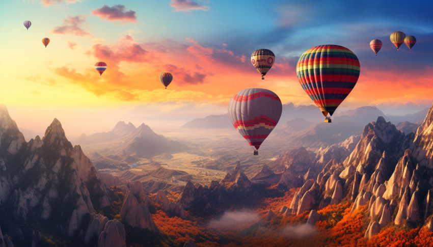 Colorful hot air balloons in the mountain range Colorful hot air balloons in the mountain range, adventure travel stock images, adventure travel ai prompts, travel stock images ai