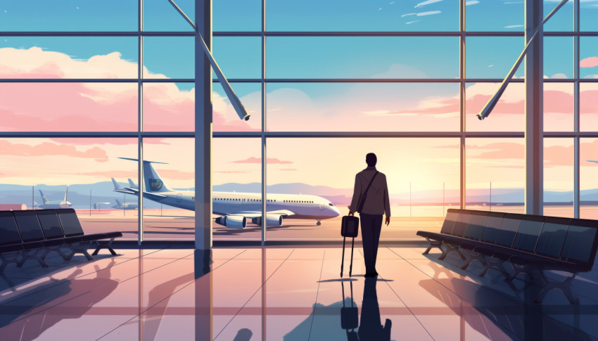 Man with suitcase at airport looking at airplane Man with suitcase at airport looking at airplane, adventure travel stock images, adventure travel ai prompts, travel stock images ai