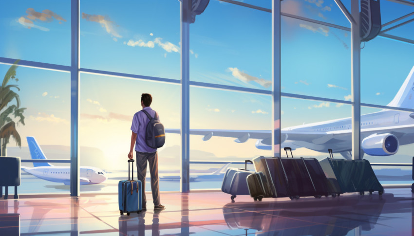 Man about to board plane with suitcase Man about to board plane with suitcase, adventure travel stock images, adventure travel ai prompts, travel stock images ai