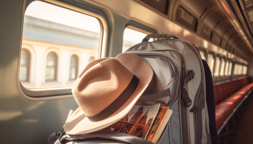 Backpacker on the train Backpacker on the train, adventure travel stock images, adventure travel ai prompts, travel stock images ai