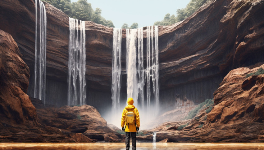 Hiker in Yellow Jacket Taking in Waterfall Scenery Hiker in Yellow Jacket Taking in Waterfall Scenery