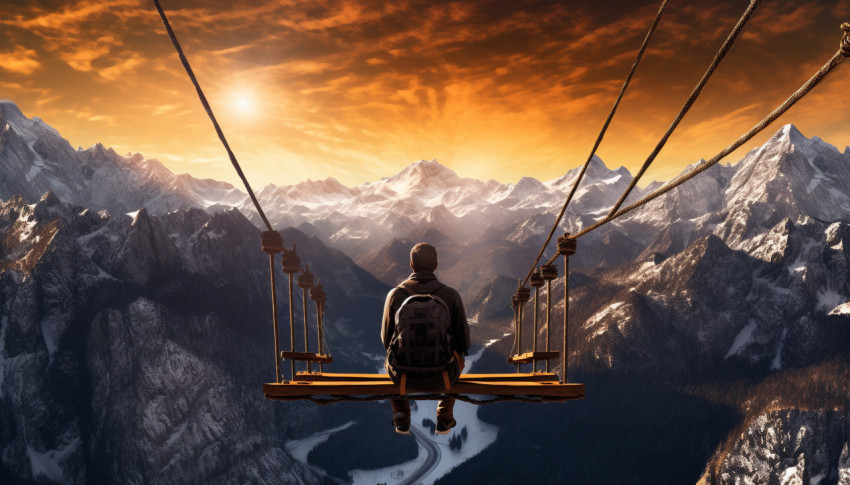 Man Ponders the Mountains from Suspension Bridge Man Ponders the Mountains from Suspension Bridge