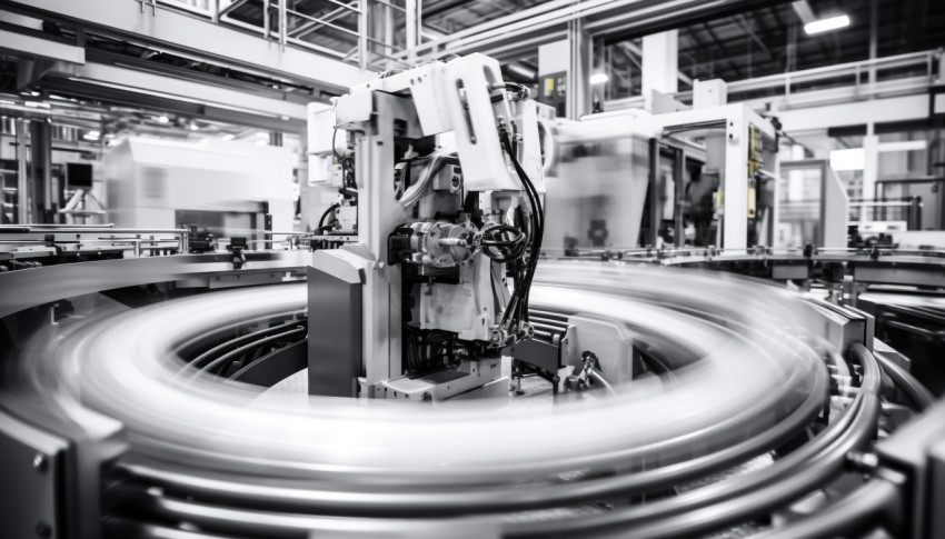 A long exposure shot of a factory floor with the machinery all i A long exposure shot of a factory floor with the machinery all i