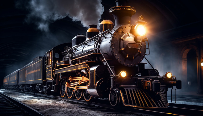 Steam train with smoke billowing Steam train with smoke billowing, industrial machinery stock images ai, midjourney prompt ideas
