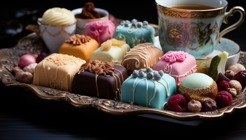 Luxurious golden tray showcasing an assortment of tempting sweets Luxurious golden tray showcasing an assortment of tempting sweets