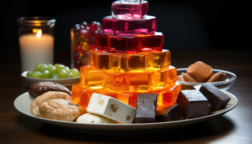 A variety of colorful candies presented elegantly on a silver tray A variety of colorful candies presented elegantly on a silver tray