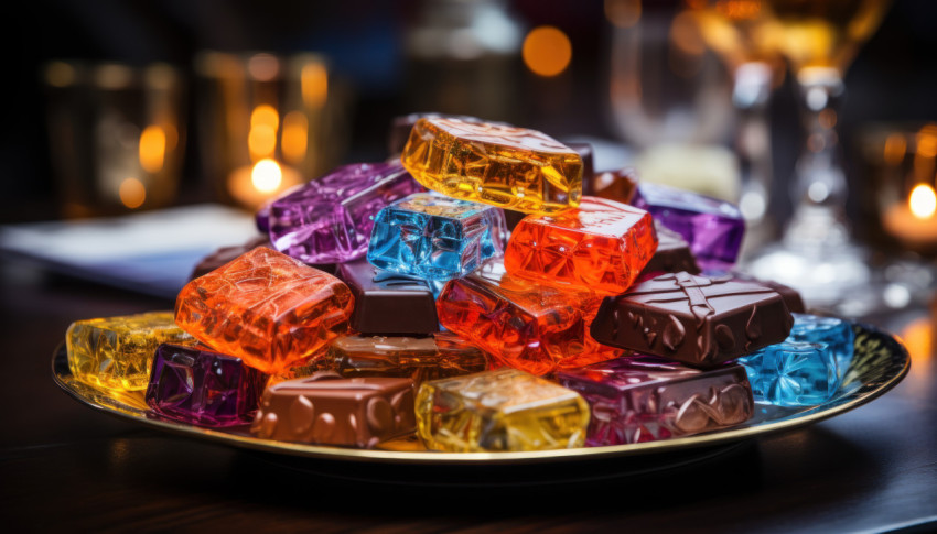 Indulge in a symphony of colors with artfully presented chocolates on a silver platter Indulge in a symphony of colors with artfully presented chocolates on a silver platter