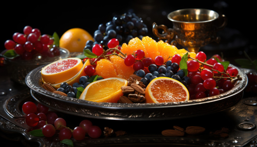 A medley of colorful fruits presented on a platter A medley of colorful fruits presented on a platter
