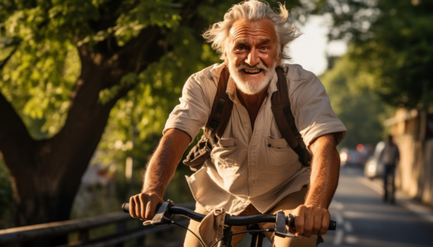 Elderly man serene cycling adventure Elderly man serene cycling adventure