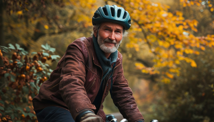Senior man cycling with protective helmet Senior man cycling with protective helmet