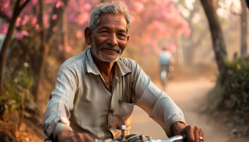 Retired gentleman cycling in park Retired gentleman cycling in park