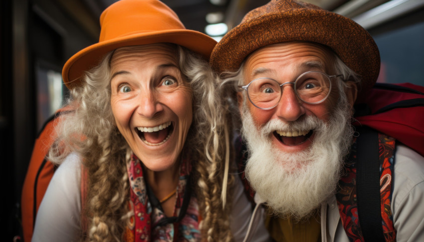 Hat and backpack embraced by elderly couple
