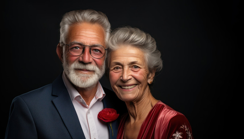 Elderly couple posing happily on black background Elderly couple posing happily on black background