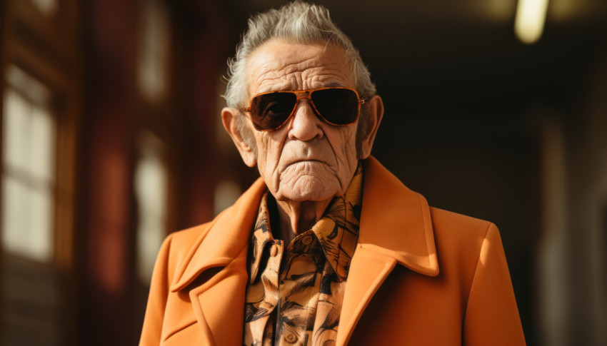 Senior gentleman in tan coat and stylish sunglasses Senior gentleman in tan coat and stylish sunglasses