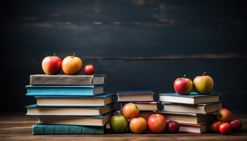 Colorful books stacked neatly on a table with a chalkboard in the background Colorful books stacked neatly on a table with a chalkboard in the background
