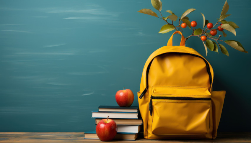 A cheerful yellow backpack and a fresh apple on a vibrant blue background with books A cheerful yellow backpack and a fresh apple on a vibrant blue background with books