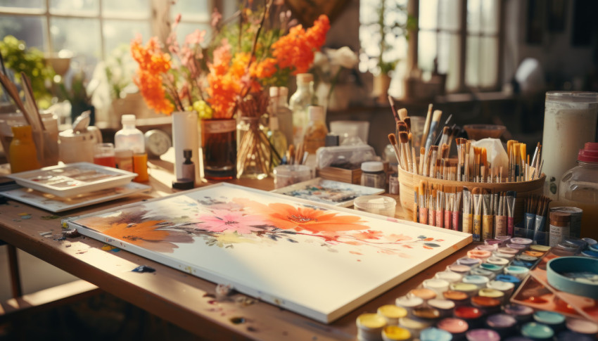 A colorful studio filled with art supplies palettes and brushes for creative minds A colorful studio filled with art supplies palettes and brushes for creative minds
