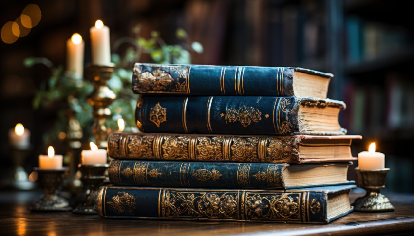A pile of books on a table with a blurred backdrop A pile of books on a table with a blurred backdrop