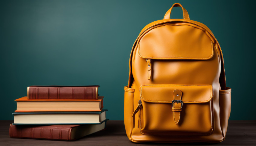 Backpack books and chalk on a green background Backpack books and chalk on a green background